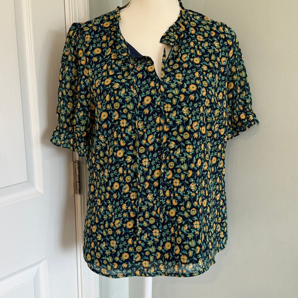 J. Crew Factory Women's Ruffle Tie-Neck Short Sleeve Blouse Navy Floral NWT S - Picture 2 of 15
